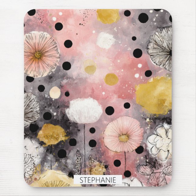 Mousepad Botânico de Flores Silvestres Rosa Corado e Dourad (Frente)