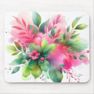Mousepad Botânico Floral Aquarela Rosa Verde