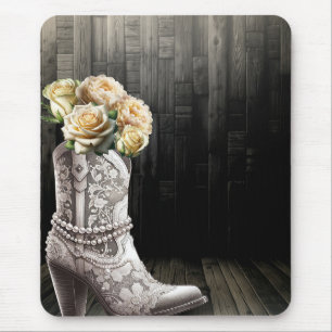Mousepad Botas Cowgirl com Laço e Pérolas Flores Brancas Rú