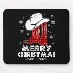 Mousepad Botas de Cowboy Natal Feliz Plaid Buffalo Vermelho