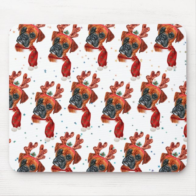 Mousepad Boxer Breed Watercolor Dog Pattern Stars Natal (Frente)
