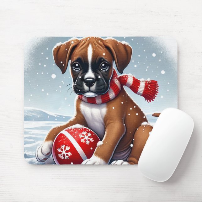 Mousepad Boxer Puppy em Snowy Scenery Segurando uma Bola (Com mouse)