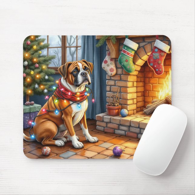 Mousepad Boxer Sitting by Fireplace with Christmas Lights (Com mouse)