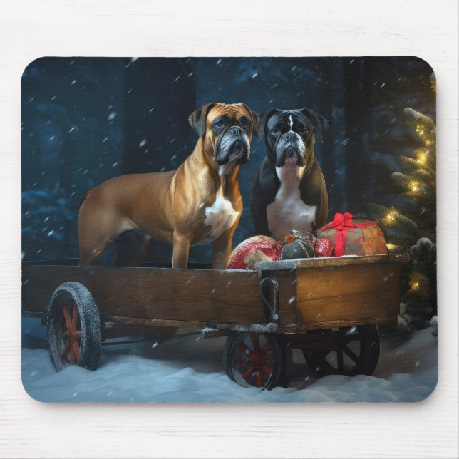 Mousepad Boxer Snowy Sleigh Decoração de Natal (Frente)