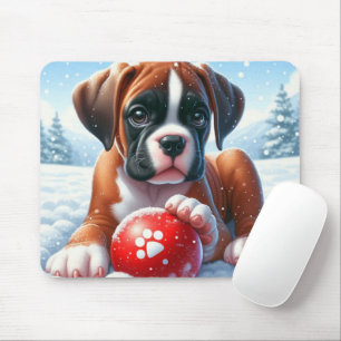Mousepad Boxpy brincando com uma bola vermelha num inverno