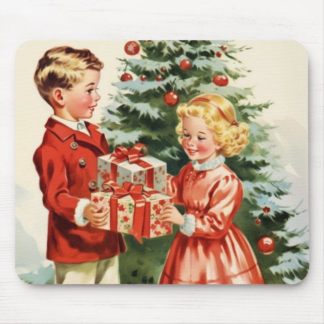 Mousepad Boy and girl giving each other Christmas presents (Frente)