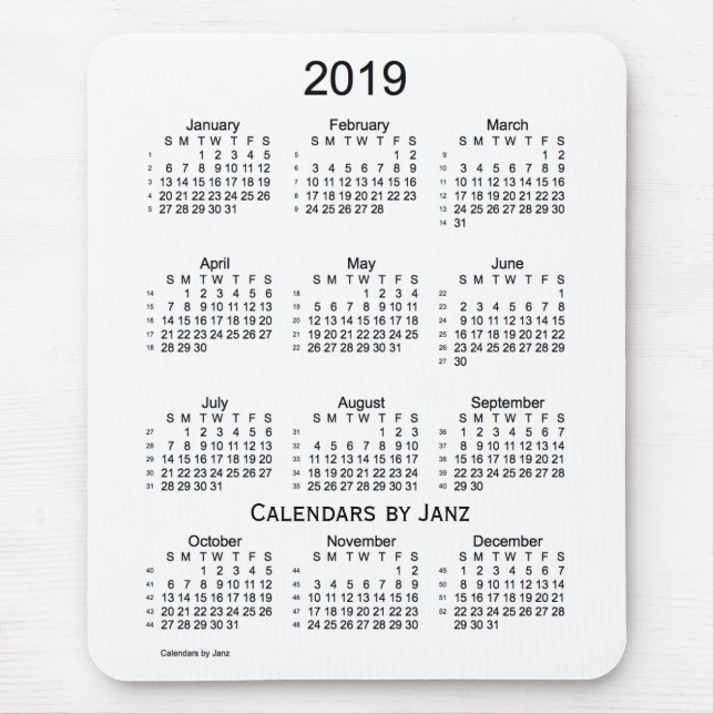Mousepad Branco 2019 calendário de 52 semanas por Janz (Frente)