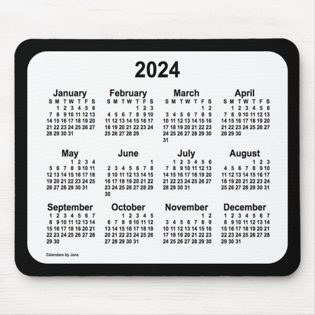 Mousepad Branco 2024 sobre o calendário preto de Janz Dois  (Frente)