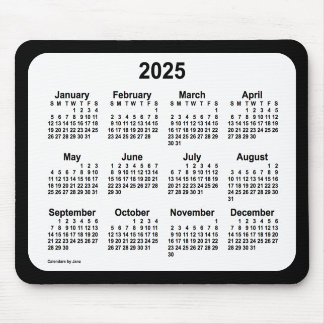 Mousepad Branco 2025 sobre o calendário preto de Janz Dois  (Frente)