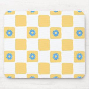 Mousepad Branco Amarelo Verificado Com Padrão De Flor Azul