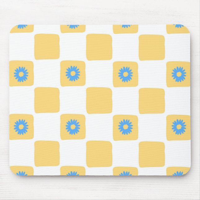Mousepad Branco Amarelo Verificado Com Padrão De Flor Azul (Frente)