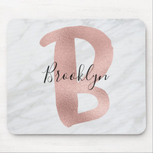 Mousepad Branco Chic e Cinza Marble Rosa Dourada B Monogram