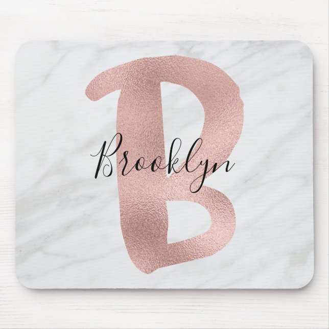 Mousepad Branco Chic e Cinza Marble Rosa Dourada B Monogram (Frente)