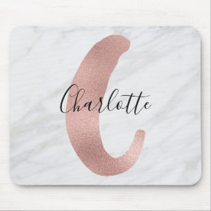 Mousepad Branco Chic e Cinza Marble Rosa Dourado C Monogram