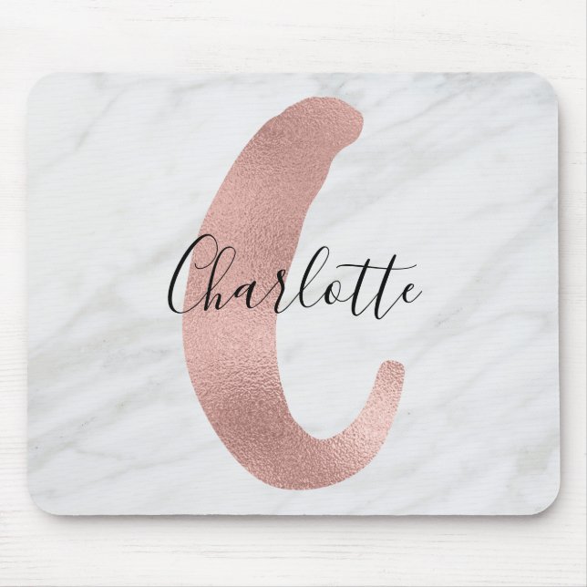 Mousepad Branco Chic e Cinza Marble Rosa Dourado C Monogram (Frente)