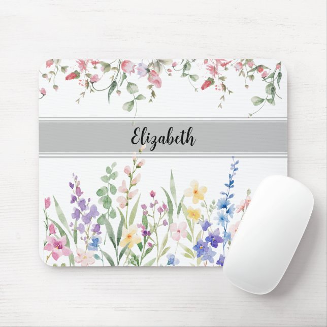 Mousepad Branco do Monograma do Jardim Floral (Com mouse)