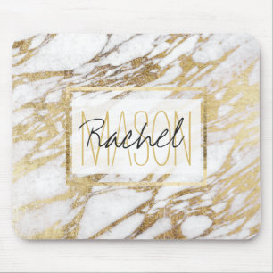 Mousepad Branco Elegante Chic e Monograma Dourado de Marble