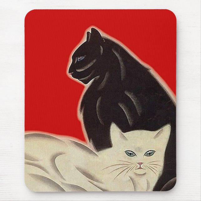 Mousepad Branco preto vermelho afiado dos gatos do art deco (Frente)