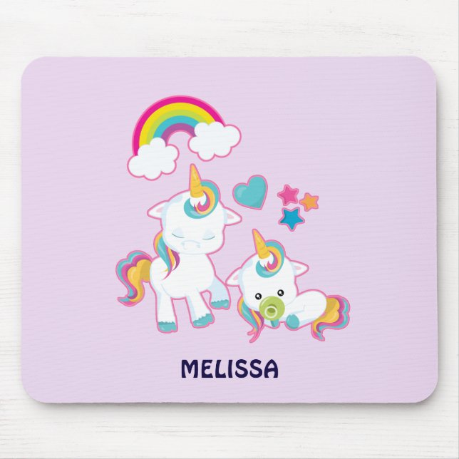 Mousepad Brancos e Bonitos Unicórnios Mágica e Bebê (Frente)