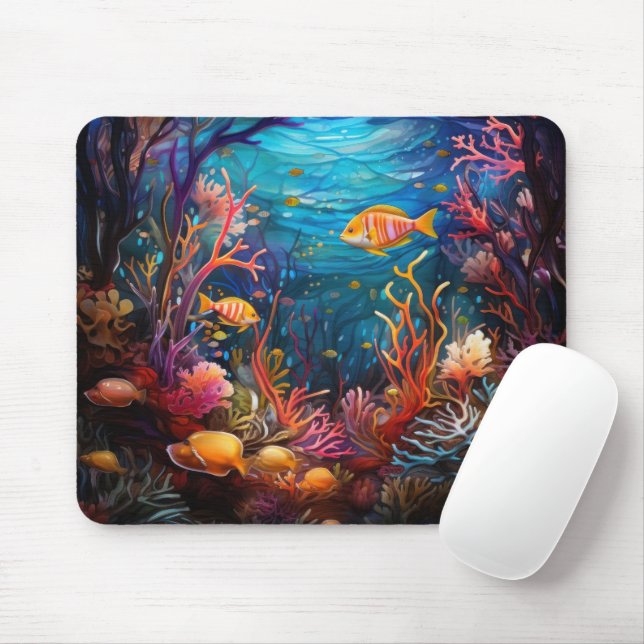 MOUSEPAD BRIGHT STAINED GLASS LOOK UNDERWATER WITH FISH (Com mouse)