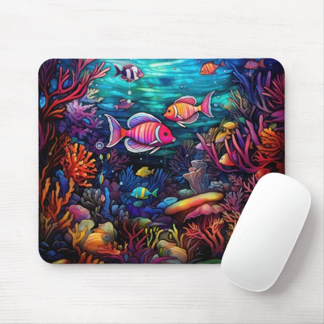 MOUSEPAD BRIGHT STAINED GLASS LOOK UNDERWATER WITH FISH (Com mouse)