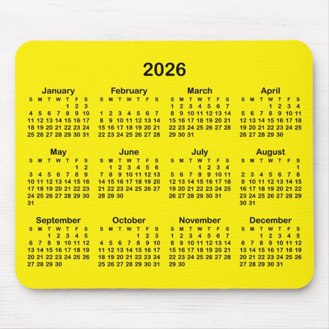 Mousepad Bright Yellow and Black 2026 Calendar (Frente)