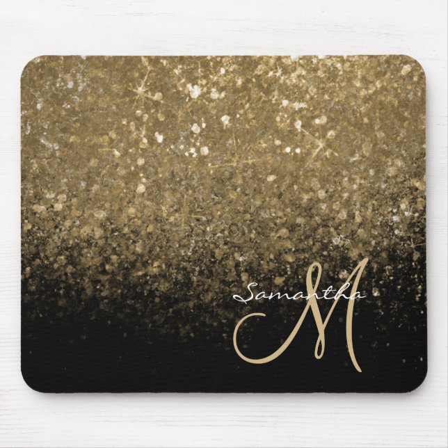 Mousepad Brilhante Dourado Chic e Monograma Preto (Frente)