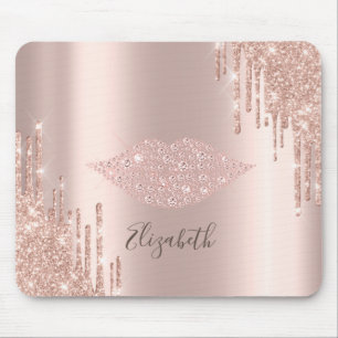 Mousepad Brilhantes Diamantes Lábios Dourado Rosa Gotas de