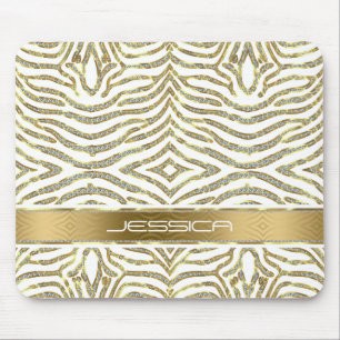 Mousepad Brilho Branco e Dourado com faixas brancas de zebr