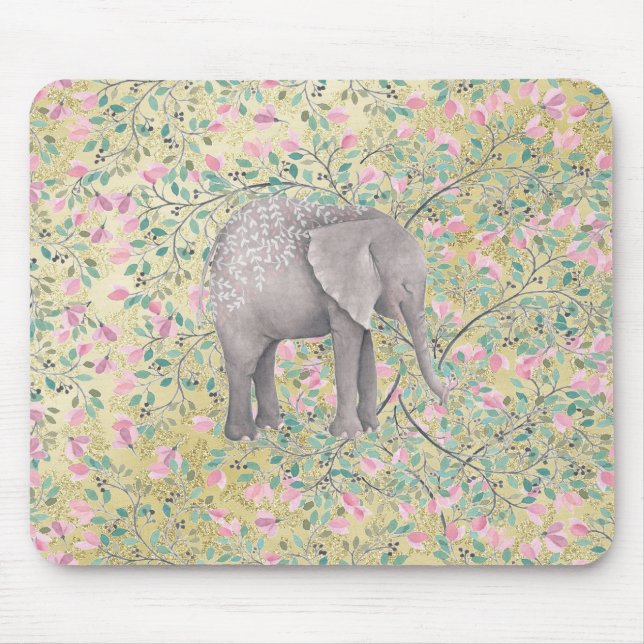 Mousepad Brilho Dourado das flores do elefante da aguarela (Frente)