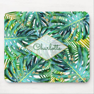 Mousepad Brilho Dourado das folhas tropicais de Monstera