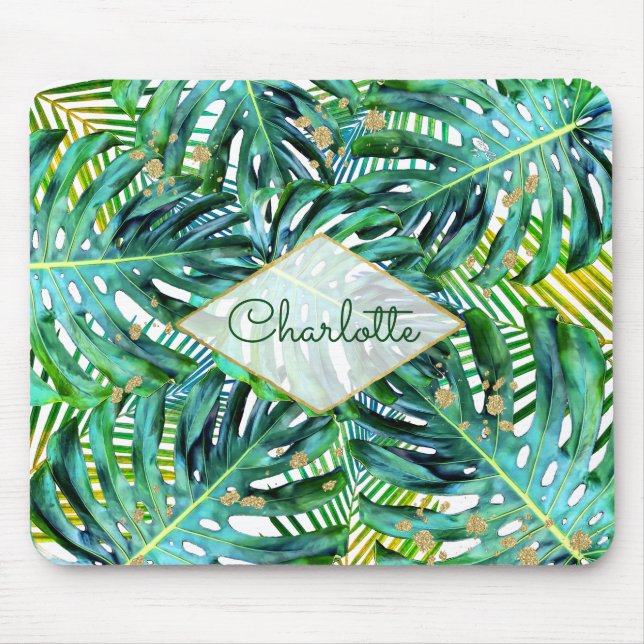 Mousepad Brilho Dourado das folhas tropicais de Monstera (Frente)