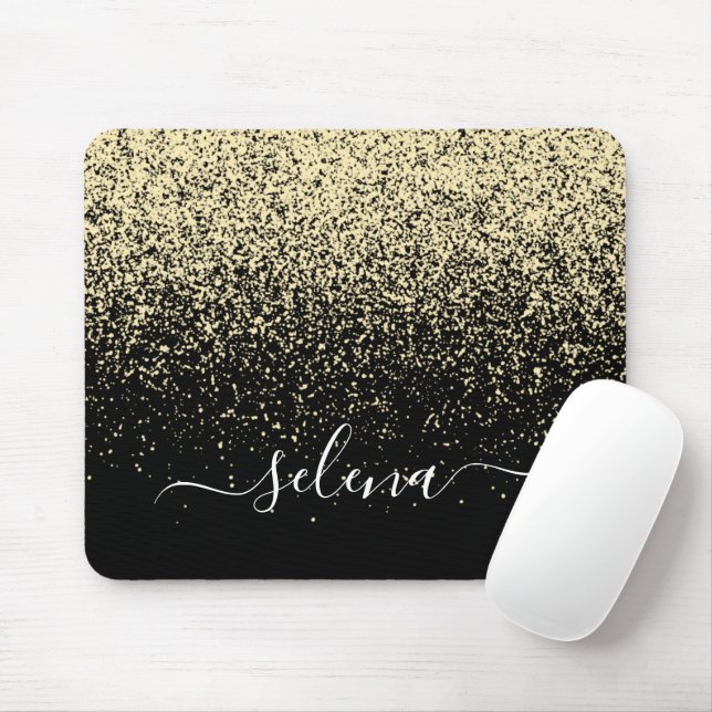 Mousepad Brilho Dourado Preto Monograma Menina (Com mouse)