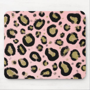 Mousepad Brilho Dourado Rosa e Estampa de Leopardo e Guepar