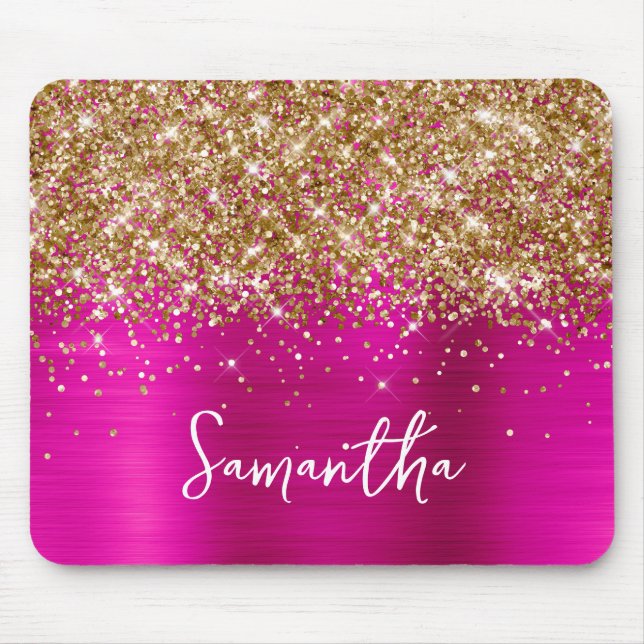 Mousepad Brilho Dourado Rosa Quente Glam Nome (Frente)
