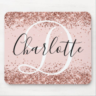 Mousepad Brilho em Rosa Dourado Monograma Preto e Branco