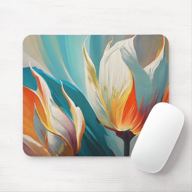 Mousepad Brilho Floral Abstrato em Azul Turquesa e Laranja (Com mouse)