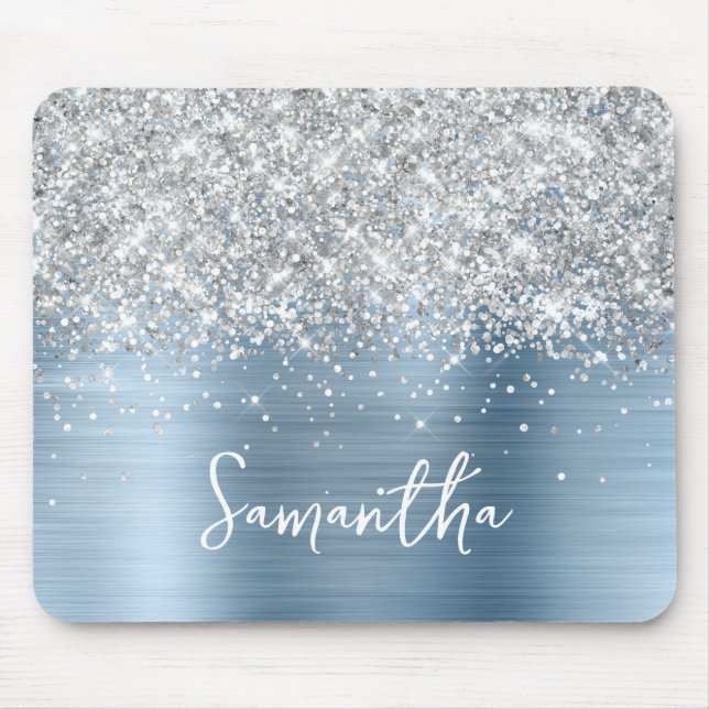 Mousepad Brilho Prateado Azul Claro Glam Nome (Frente)