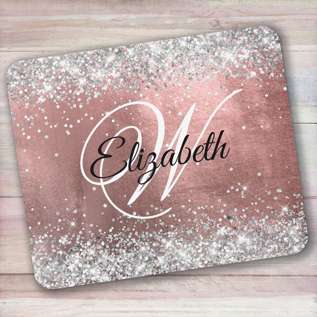 Mousepad Brilho Prateado Rosa Glitter Monograma em Folha (Criador carregado)