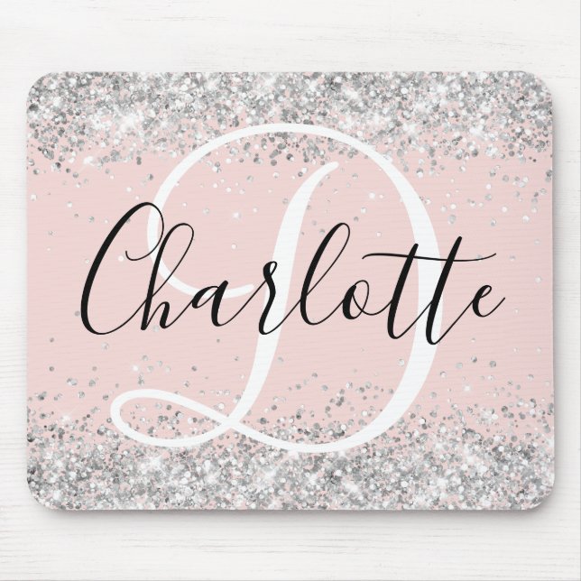 Mousepad Brilho Prateado Rubor Monograma Preto e Branco (Frente)