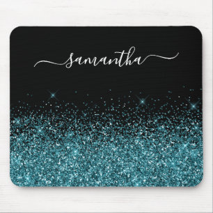 Mousepad Brilho Preto e Azul Turquesa Escuro Nome Elegante
