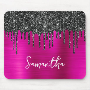 Mousepad Brilho Preto Gotejante Rosa Quente Glam Nome