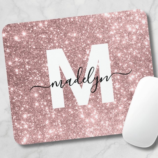Mousepad Brilho Rosa Bege Dourado Monograma de Nome (Rose Gold Blush Pink Flitter Name Monogram Mouse Pad)