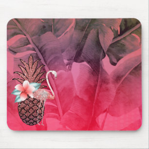 Mousepad Brilho Tropical Rosa Folhas de Palmeira de Abacaxi