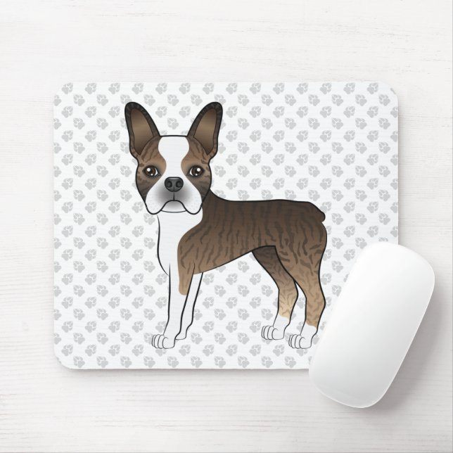 Mousepad Brindle Boston Terrier Cute Cartoon Dog & Paws (Com mouse)