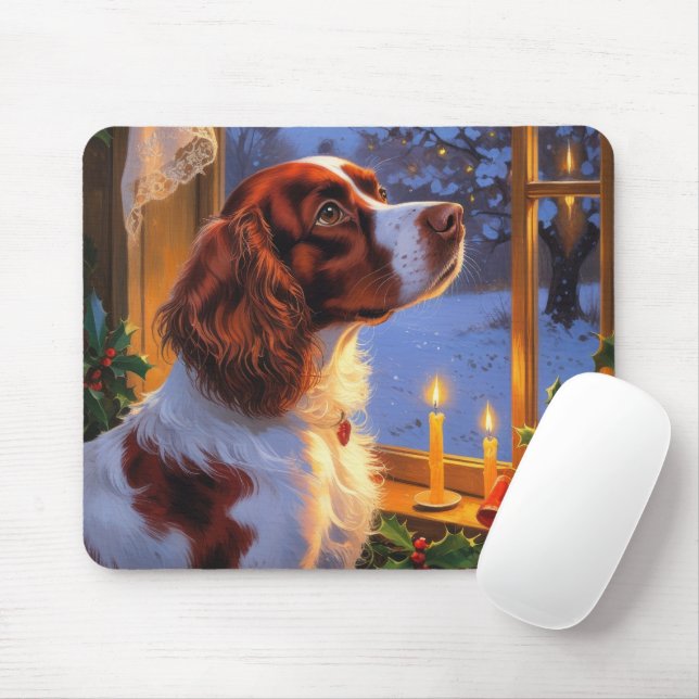 Mousepad Brittany Spaniel com Luzes de Natal Feriado  (Com mouse)