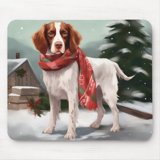 Mousepad Brittany Spaniel Dog no Natal da Neve (Frente)