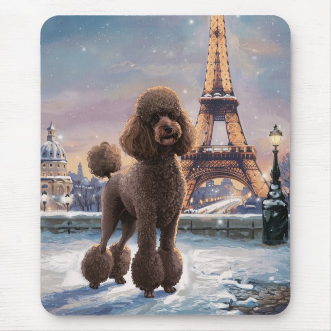 Mousepad Brown Poodle Winter in Paris Painting Art (Frente)
