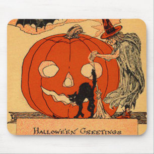 Mousepad Bruxa Abóbora Lanterna Gato Preto Halloween Vintag