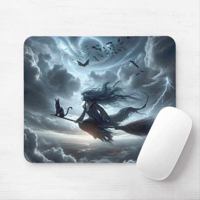 Mousepad Bruxa de Halloween e Gato em uma vassoura (Com mouse)